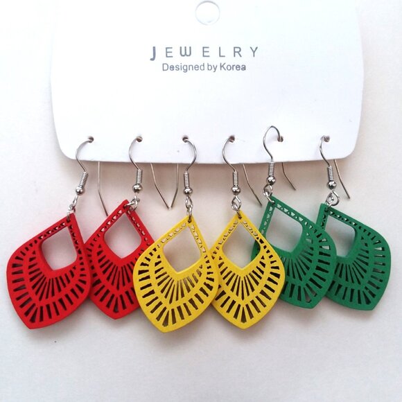 3pr Hollow Cut Out Wood Bohemian Earrings Dangle Boho Carved Hippie Canabis - Picture 1 of 2